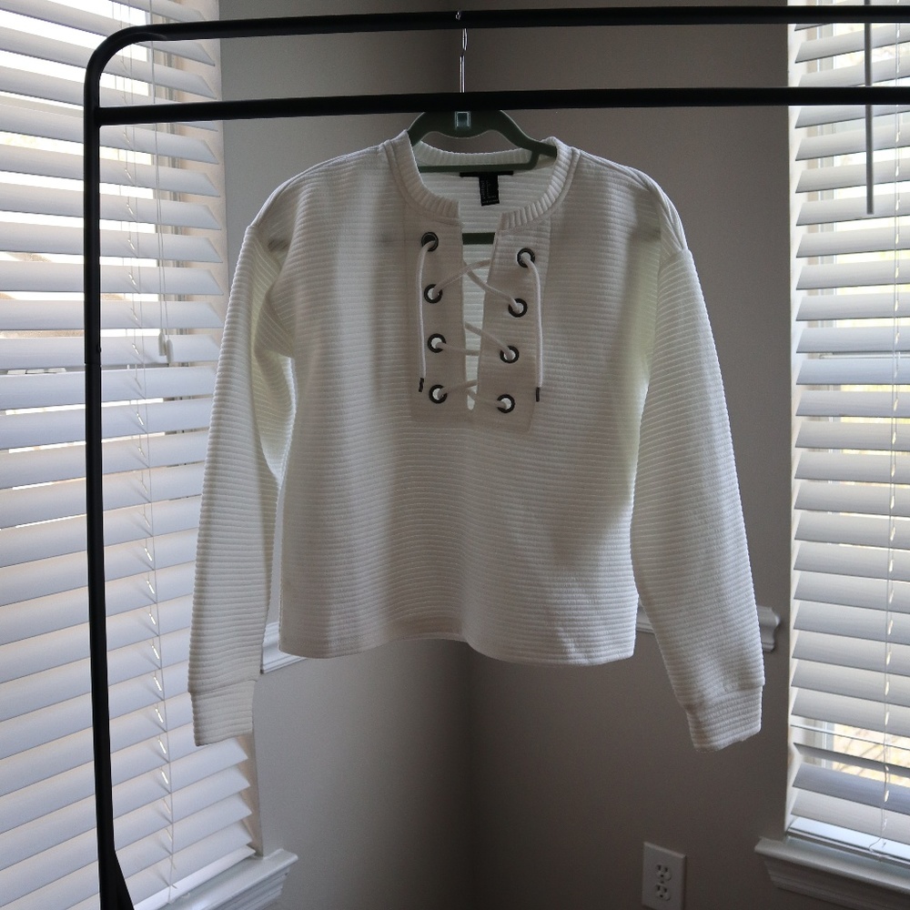 White Lace Up Crew Neck